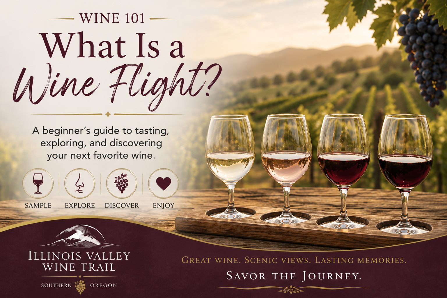Wine flight featuring four tasting glasses overlooking a Southern Oregon vineyard at sunset.