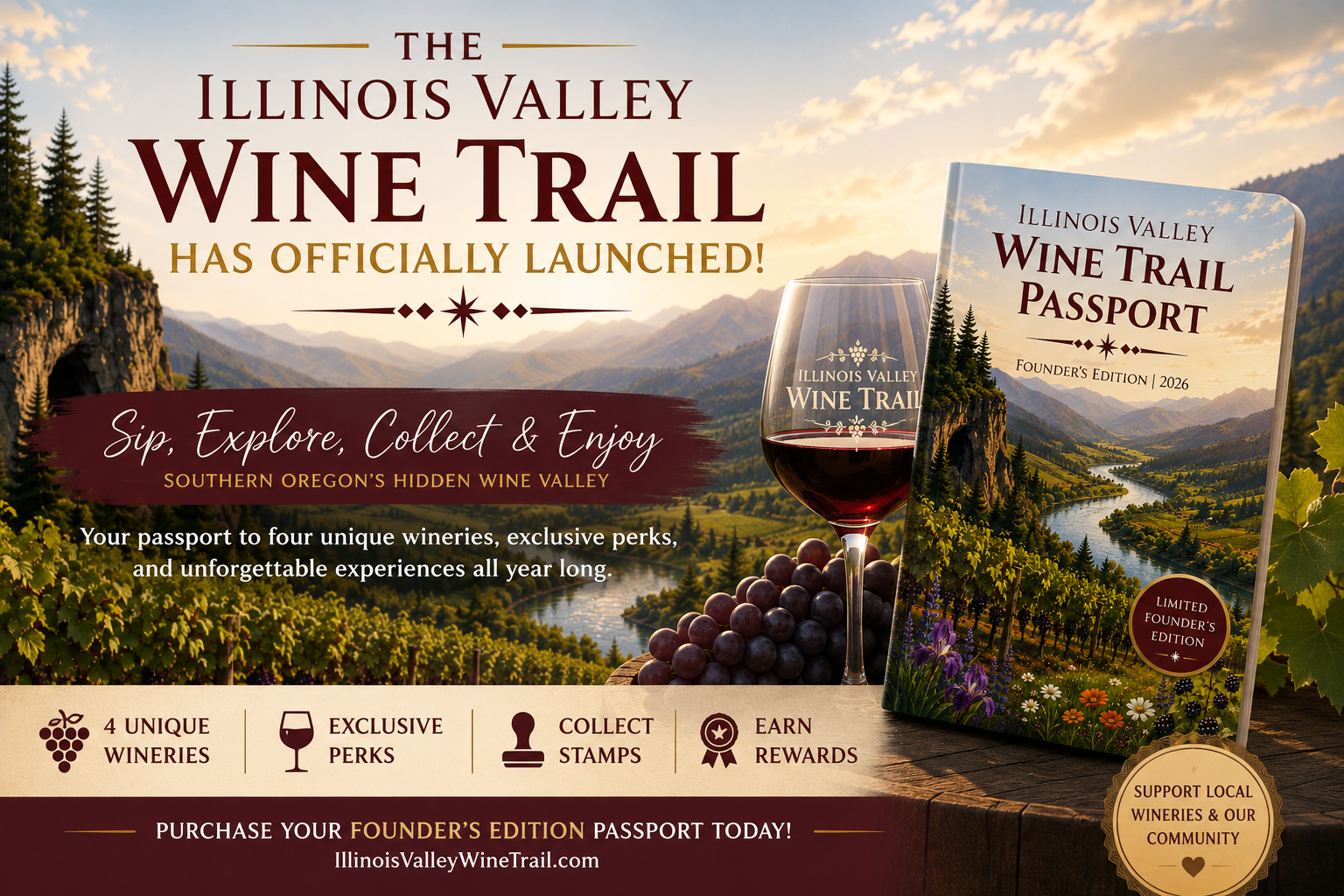 The Illinois Valley Wine Trail officially launches with the 2026 Founder's Edition Passport, featuring Southern Oregon vineyards, exclusive winery perks, and four participating wineries.